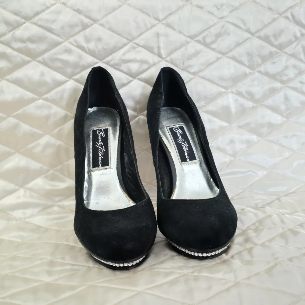 Betsey Johnson Black Suede Rhinestone Platform Pumps - Picture 2 of 6
